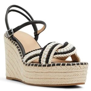 NWOB Ted Baker Amalia Wege Heel Espadrilles Sandals Black Tan Pearls US Size 6.5